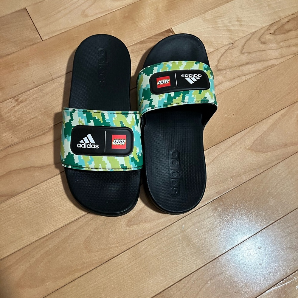 Adidas LEGO Boy’s Camo Slide Sandals - Green, Yellow, and Black